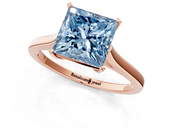 Rose gold Fancy Blue Princess  Solitaire Heart Prong Engagement Ring with Tapered Band