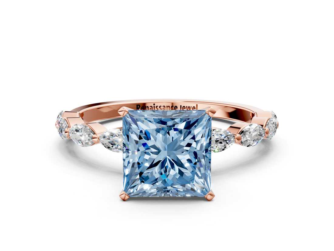 Rose gold Fancy Blue Princess  Solitaire Marquise Side Stone Prong Setting Ring_44