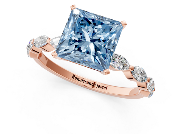 Rose gold Fancy Blue Princess Cut Diamond Ring with Marquise Side Stones and Prong Setting