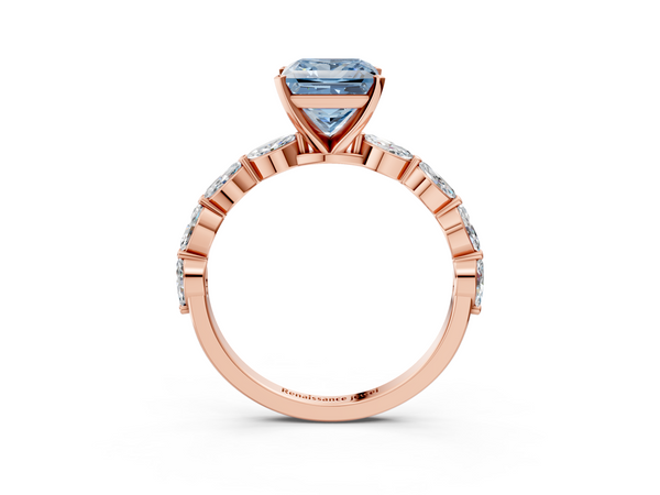 Rose gold Fancy Blue Princess Cut Diamond Ring with Marquise Side Stones and Prong Setting