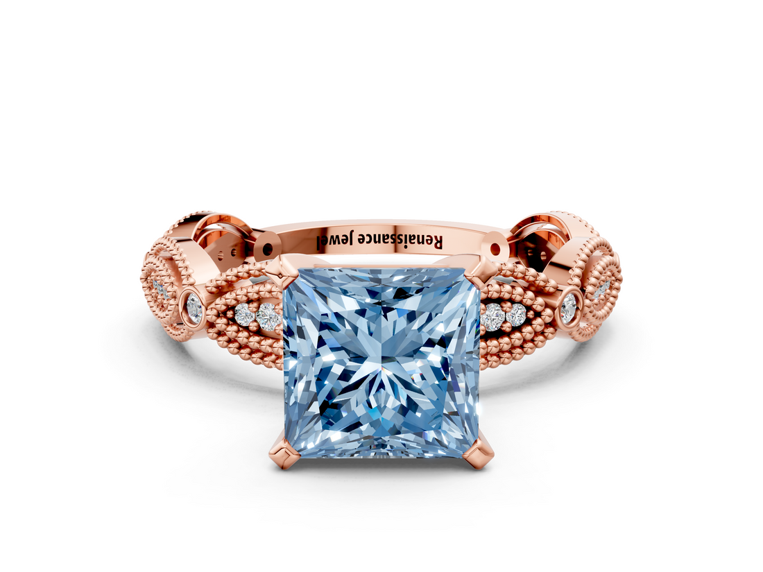 Rose gold Fancy Blue Princess  Solitaire Milgrain Diamond Engagement Ring with Bezel and Marquise Band_160