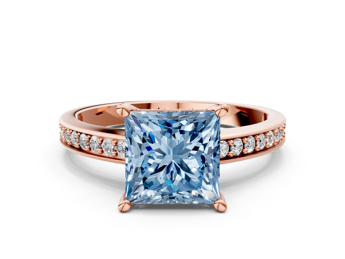 Rose gold Fancy Blue Princess  Solitaire Pavé Band Prong Setting Ring_20