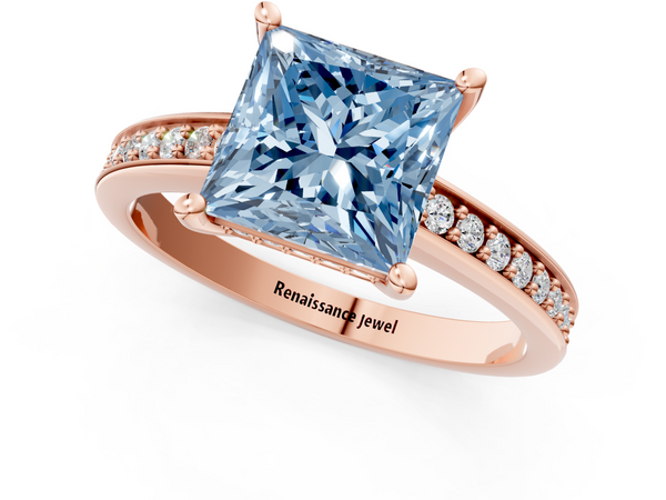 Rose gold Fancy Blue Princess  Solitaire Pavé Band Prong Setting Ring