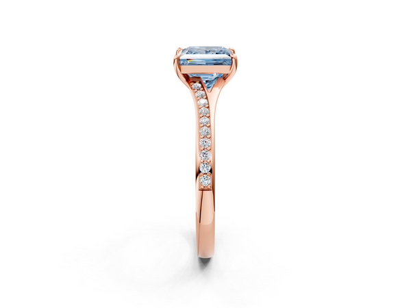 Rose gold Fancy Blue Princess Cut Diamond Solitaire Ring with Pavé Band and Prong Setting