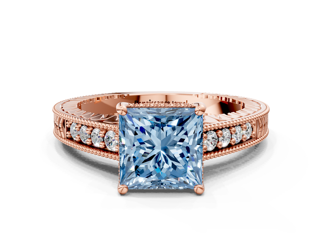 Rose gold Fancy Blue Princess  Solitaire Pavé Diamond Milgrain Engagement Ring with Four-Prong Setting_3