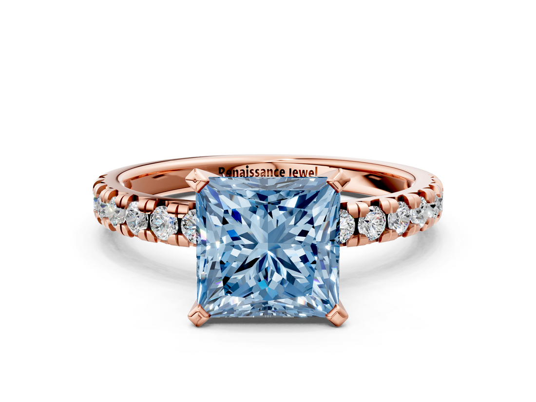 Rose gold Fancy Blue Princess  Solitaire Pave Diamond Engagement Ring with Four-Prong Setting_242