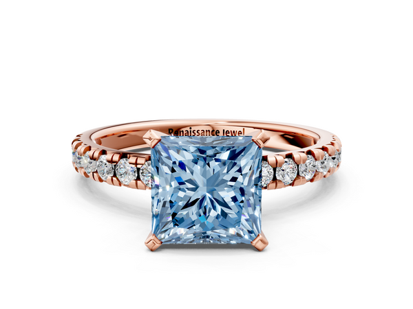 Rose gold Fancy Blue Princess  Solitaire Pave Diamond Engagement Ring with Four-Prong Setting