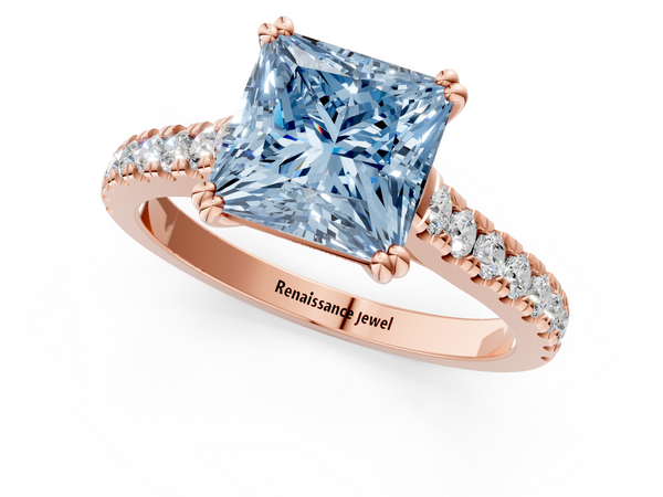 Rose gold Fancy Blue Princess  Solitaire Pave Diamond Engagement Ring with Prong Setting