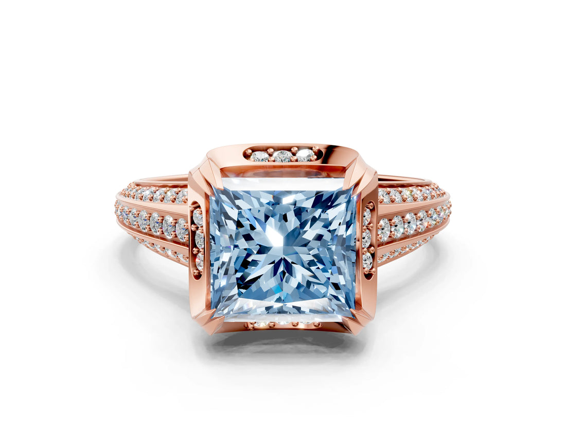 Rose gold Fancy Blue Princess  Solitaire Pave Split Shank Ring with Four-Prong Setting_103