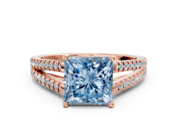 Rose gold Fancy Blue Princess Cut Diamond Solitaire Engagement Ring with Split Shank Pavé Band