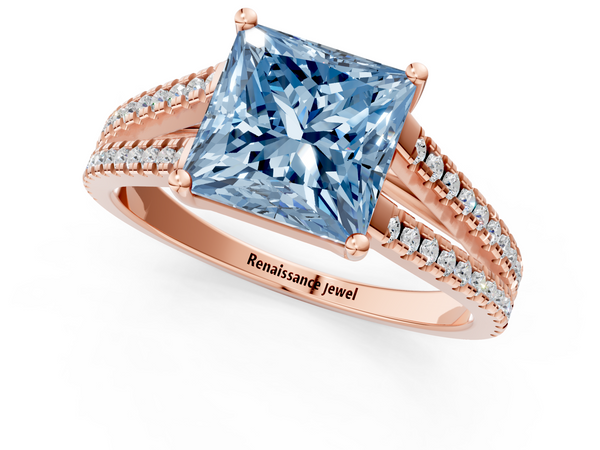 Rose gold Fancy Blue Princess Cut Diamond Solitaire Engagement Ring with Split Shank Pavé Band