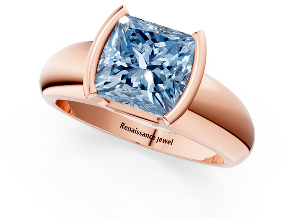 Rose gold Fancy Blue Princess  Solitaire Tension Set Diamond Ring with Wide Band