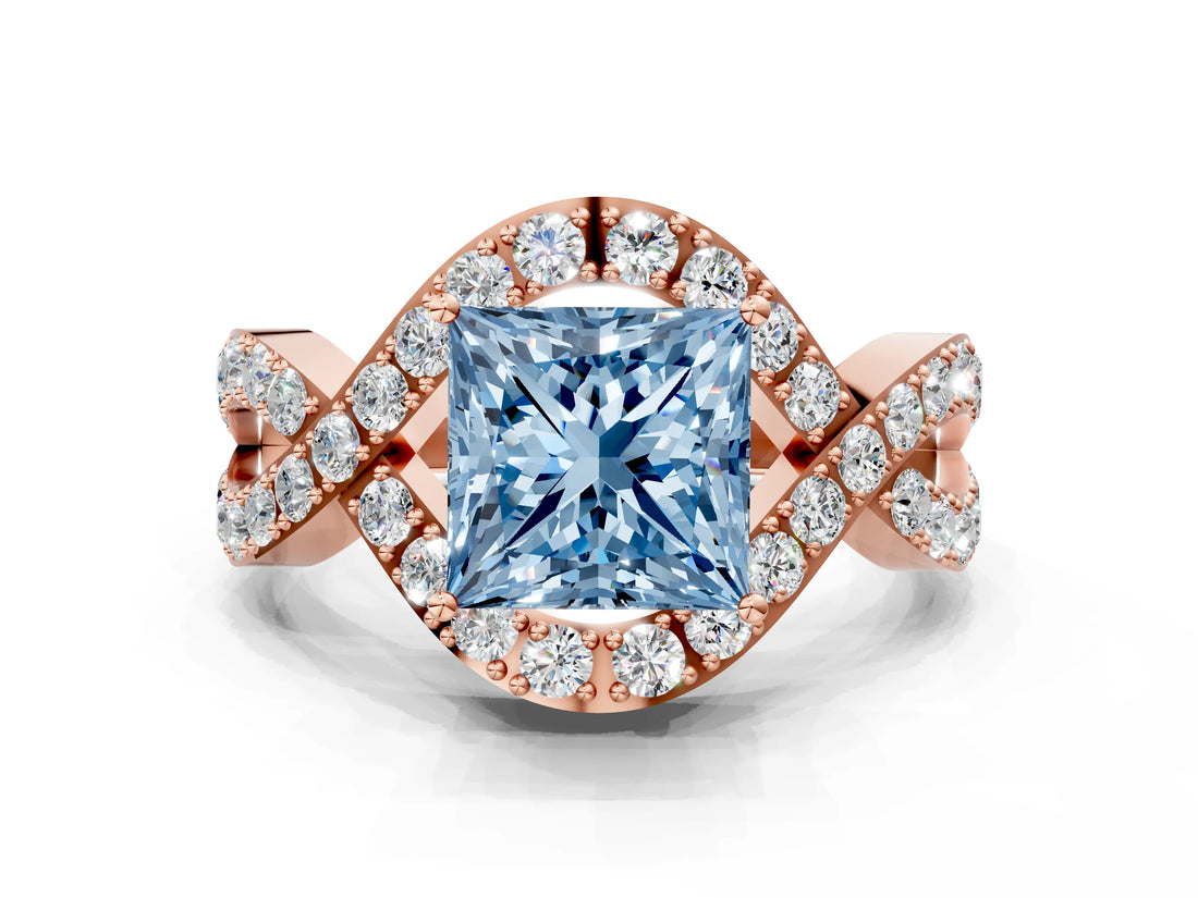Rose gold Fancy Blue Princess  Solitaire Twist Band Pavé Diamond Engagement Ring_66