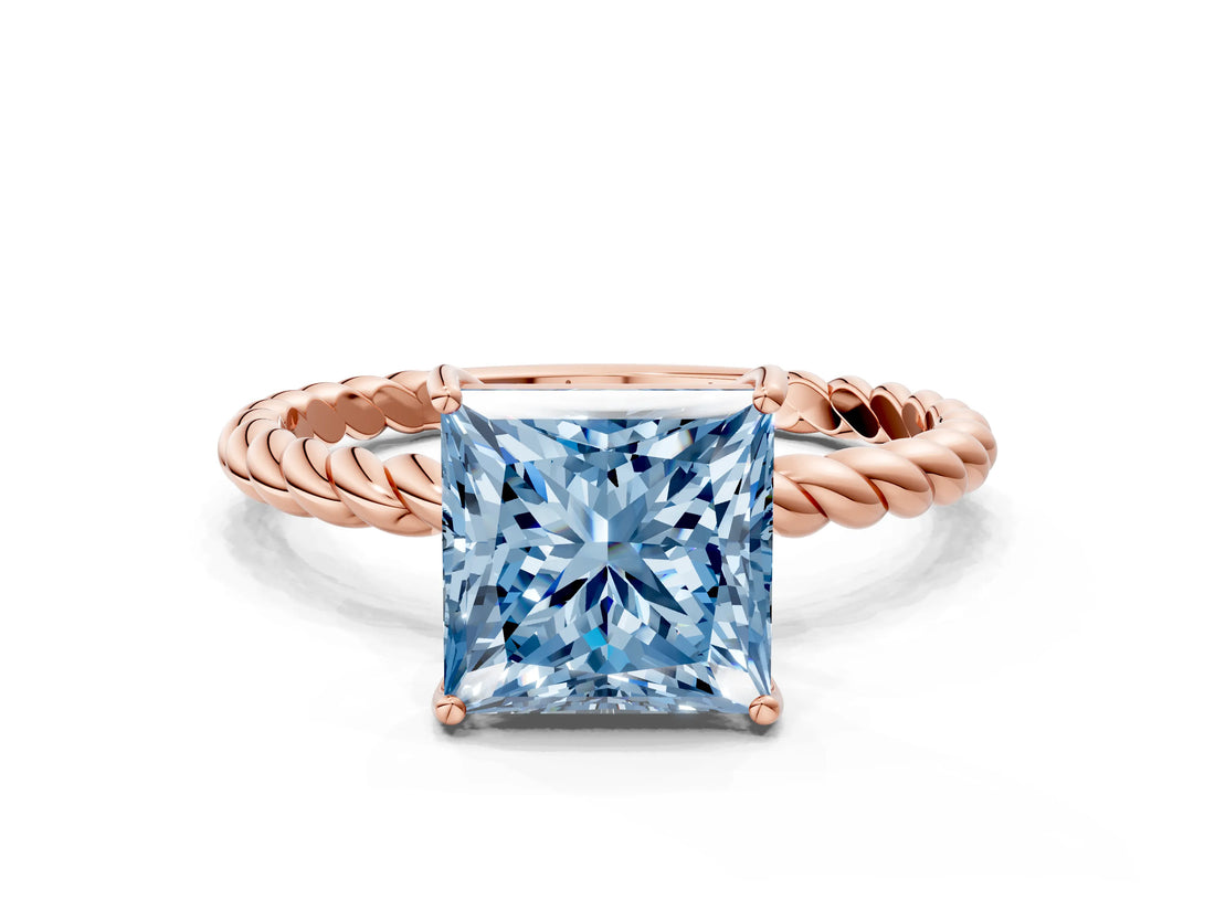 Rose gold Fancy Blue Princess  Solitaire Twist Band Ring with Four-Prong Setting_68