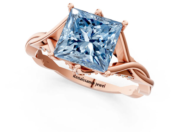 Rose gold Fancy Blue Princess  Solitaire Twist Band Six-Prong Setting