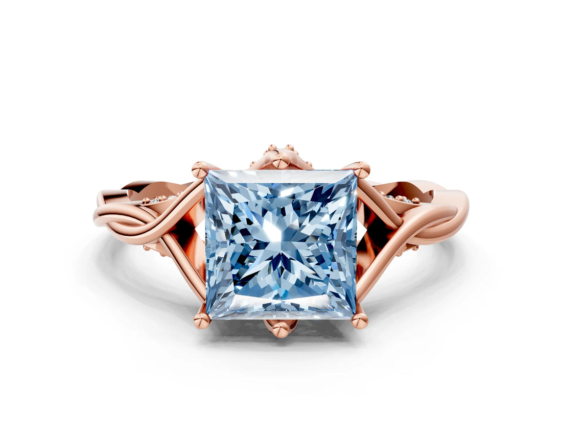 Rose gold Fancy Blue Princess  Solitaire Twist Band Six-Prong Setting