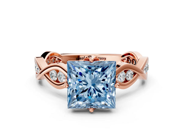 Rose gold Fancy Blue Princess  Solitaire Twist Band with Leaf Prong Setting