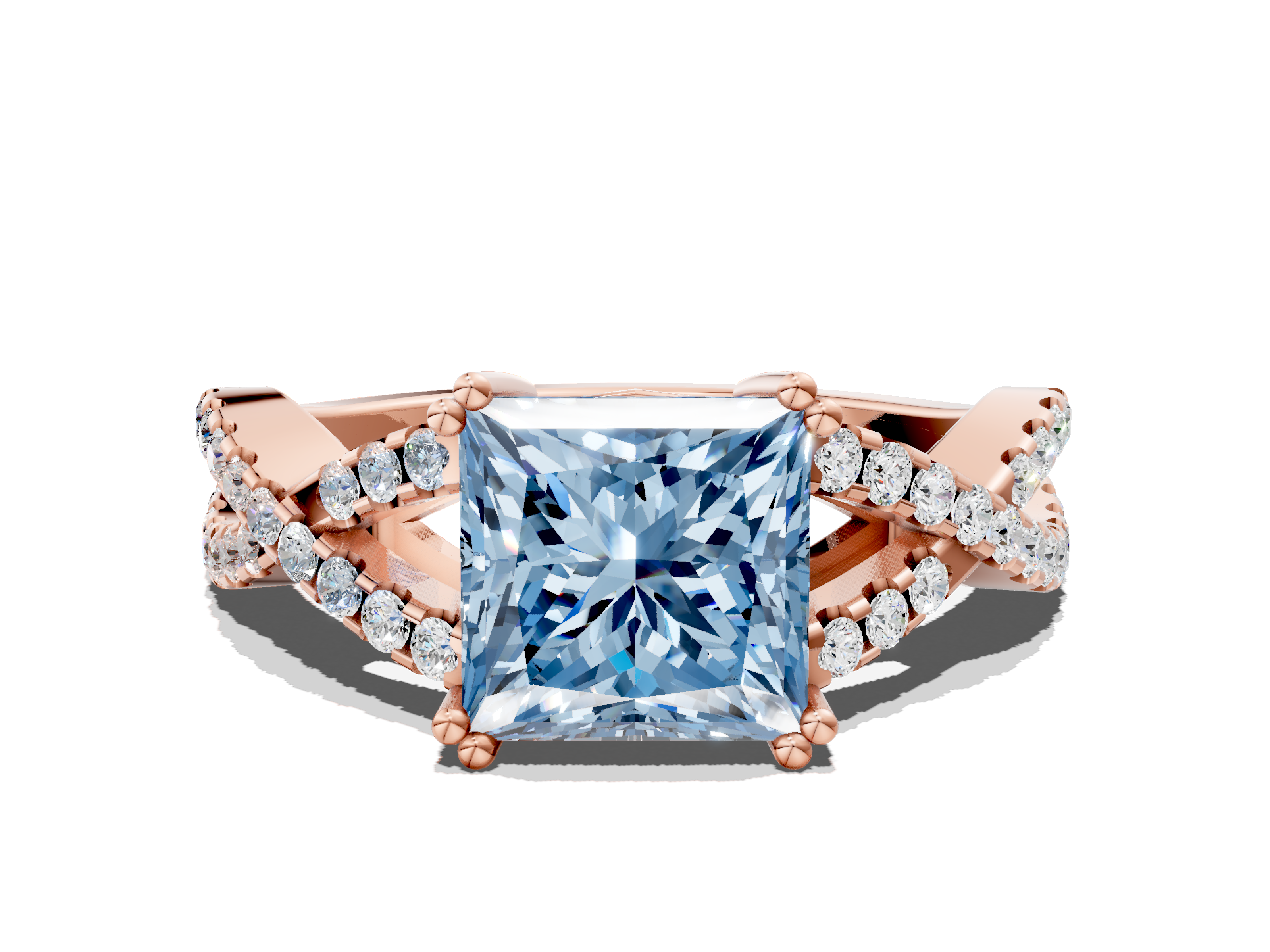 Rose gold Fancy Blue Princess  Solitaire Twist Band with Pavé Setting and Four-Prong Setting_17