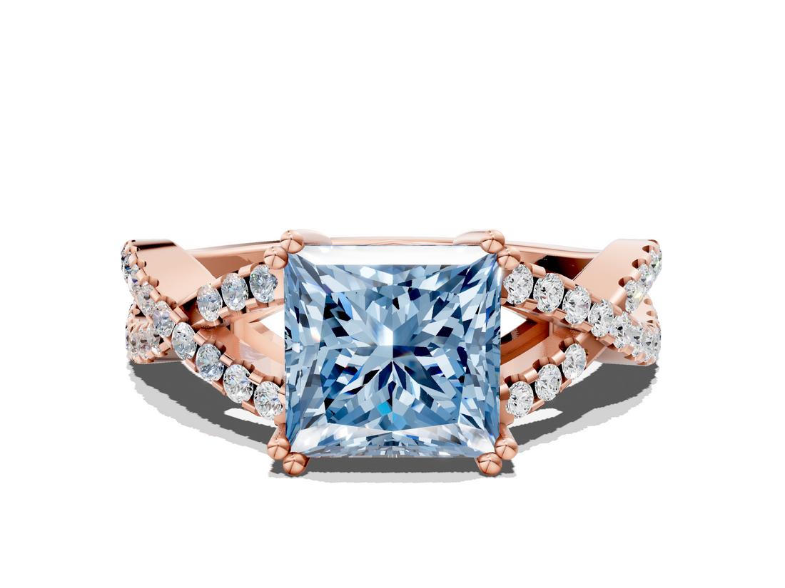 Rose gold Fancy Blue Princess  Solitaire Twist Band with Pavé Setting and Four-Prong Setting_17