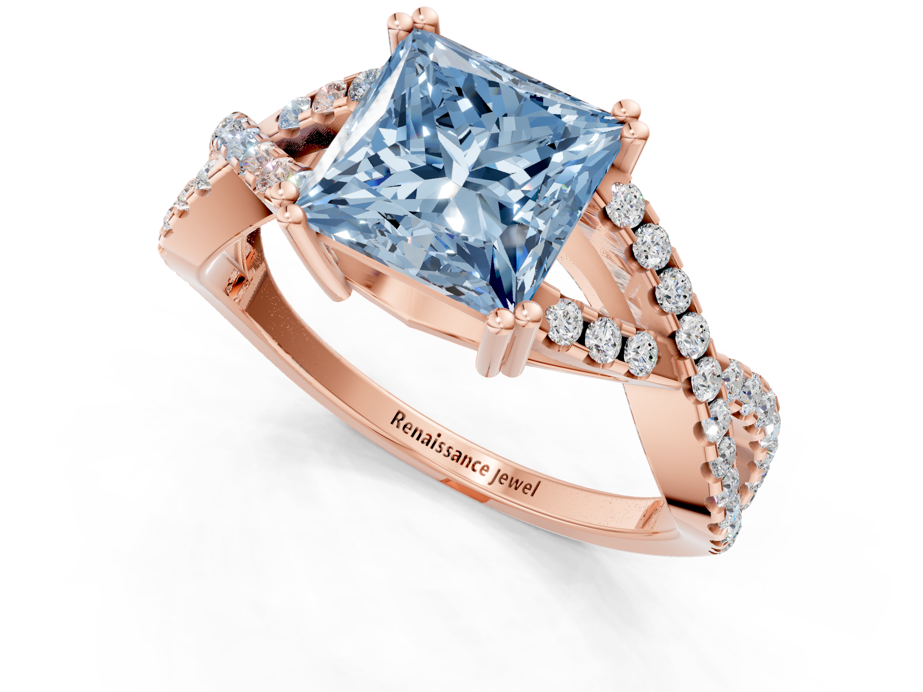 Rose gold Fancy Blue Princess  Solitaire Twist Band with Pavé Setting and Four-Prong Setting_18