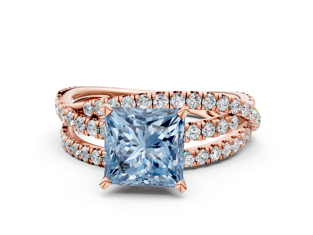 Rose gold Fancy Blue Princess  Solitaire Twist Band with Pavé Setting and Four-Prong Setting_93