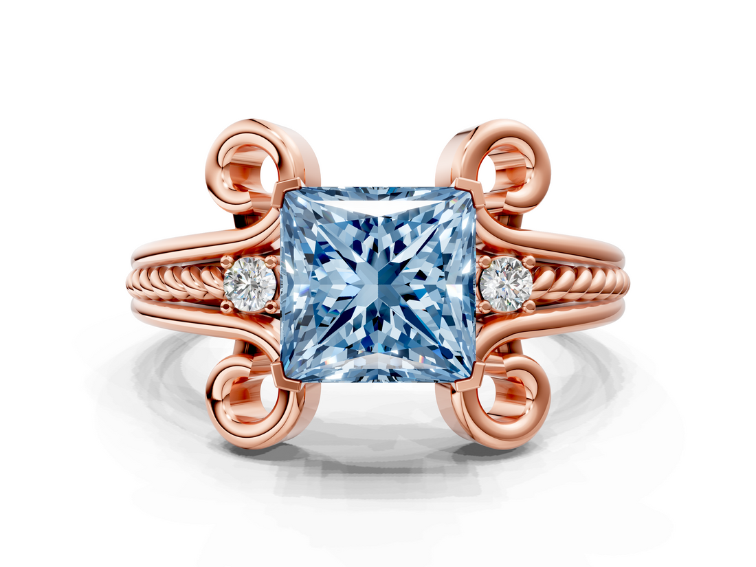 Rose gold Fancy Blue Princess  Solitaire Twisted Band Scroll Prong Ring_3