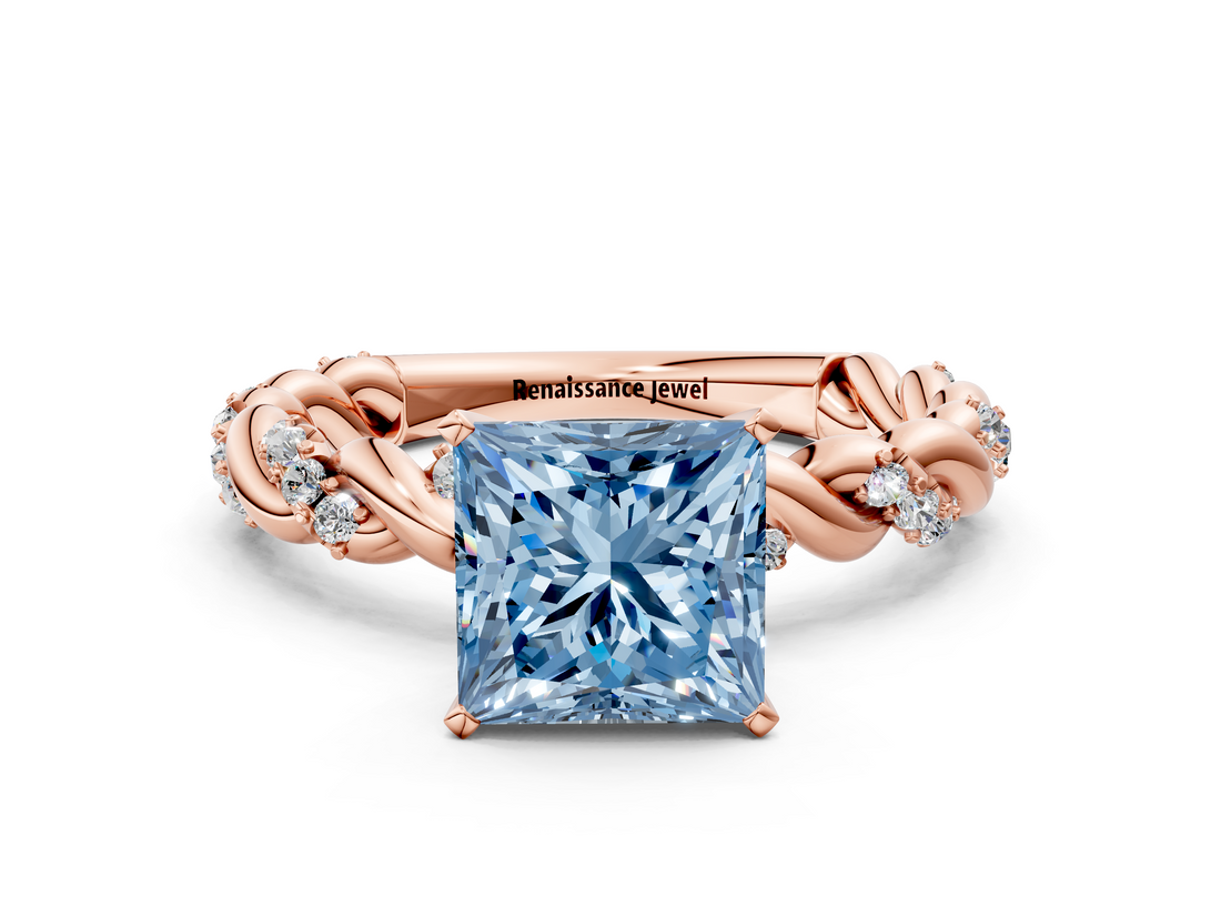 Rose gold Fancy Blue Princess  Solitaire Twisted Band with Pavé Accents and Four-Prong Setting_3