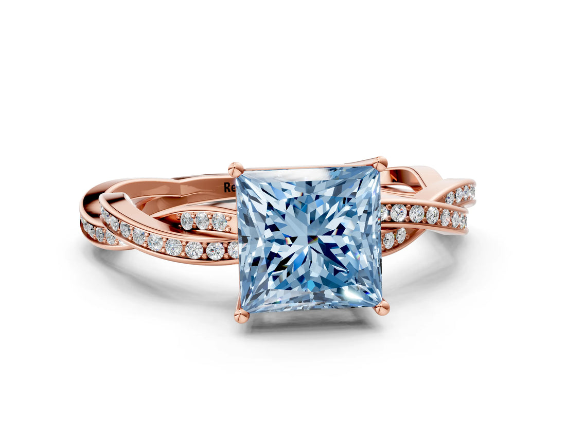 Rose gold Fancy Blue Princess  Solitaire Twisted Pave Diamond Ring with Four-Prong Setting_13