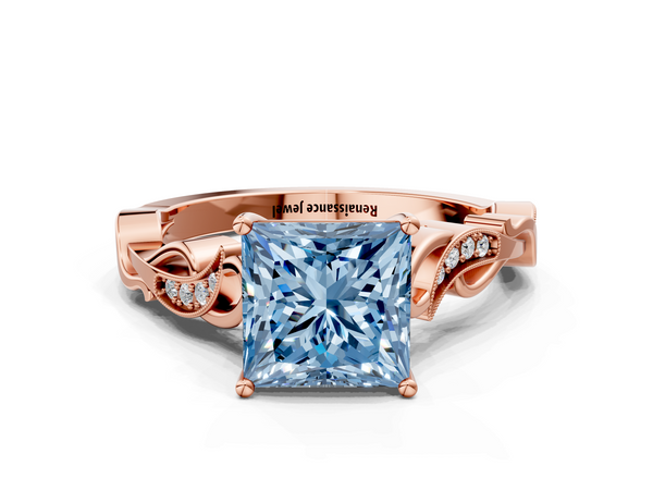 Rose gold Fancy Blue Princess  Solitaire Vine Band with Milgrain Prong Setting