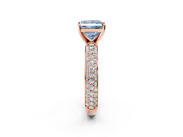 Rose gold Fancy Blue Princess  Diamond Solitaire Ring with Prong Setting and Pavé Band