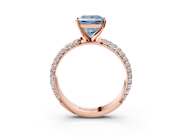 Rose gold Fancy Blue Princess  Diamond Solitaire Ring with Prong Setting and Pavé Band