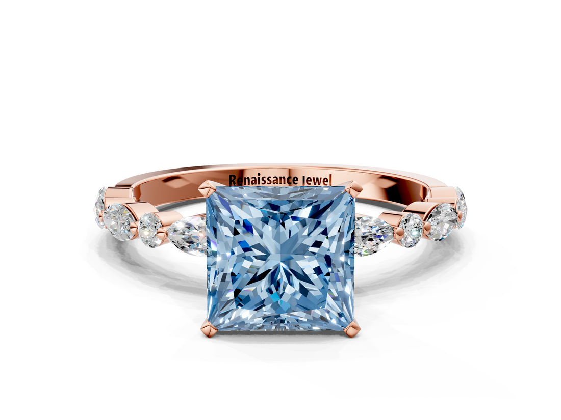 Rose gold Fancy Blue Princess  Solitaire with Side Stones on a Pavé Band and Four-Prong Setting_23