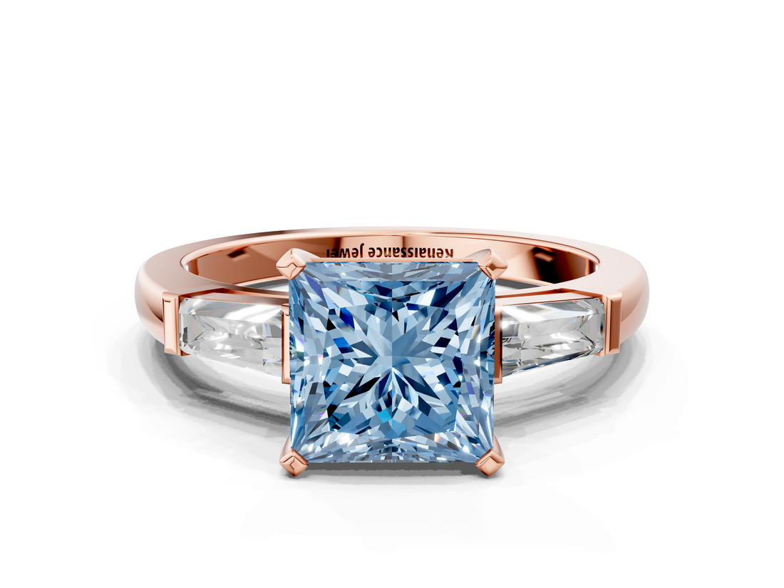 Rose gold Fancy Blue Princess  Solitaire with Tapered Baguette Side Stones on a Classic Band with Four-Prong Setting_56