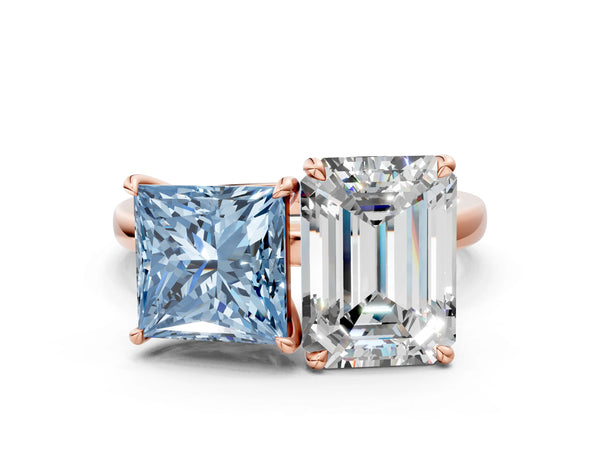 Rose gold Fancy Blue Princess  and Emerald Cut Toi Moi Ring with Prong Setting