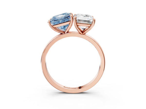 Rose gold Fancy Blue Princess  and Emerald Cut Toi Moi Ring with Prong Setting
