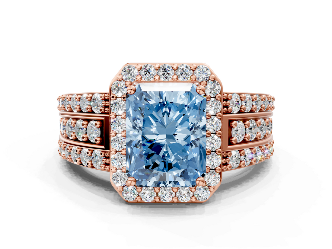 Rose gold Fancy Blue Radiant -Cut Halo Diamond Ring with Split Shank and Four-Prong Setting_71
