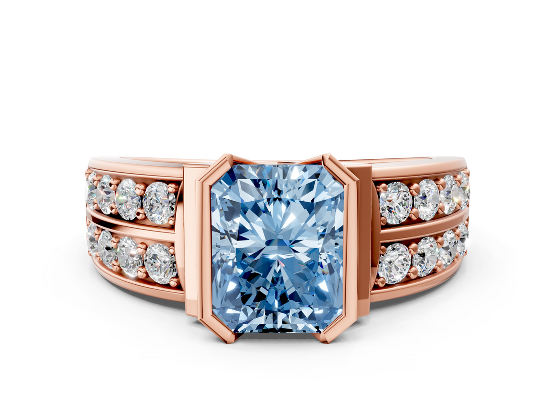 Rose gold Fancy Blue Radiant  Brilliant Diamond Channel Set Wide Band Ring with Bezel Setting_20