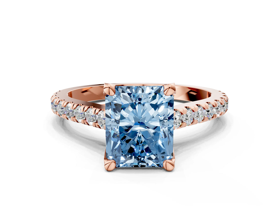 Rose gold Fancy Blue Radiant  Brilliant Diamond Solitaire with Pavé Band and Four-Prong Setting 1