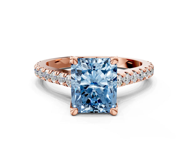 Rose gold Fancy Blue Radiant  Brilliant Diamond Solitaire with Pavé Band and Four-Prong Setting