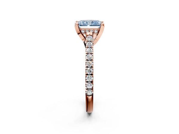 Rose gold Fancy Blue Radiant  Brilliant Diamond Solitaire with Pavé Band and Four-Prong Setting