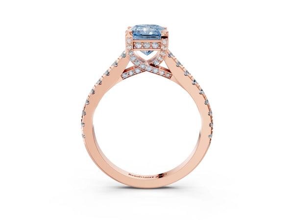 Rose gold Fancy Blue Radiant  Brilliant Diamond Solitaire with Pavé Band and Four-Prong Setting