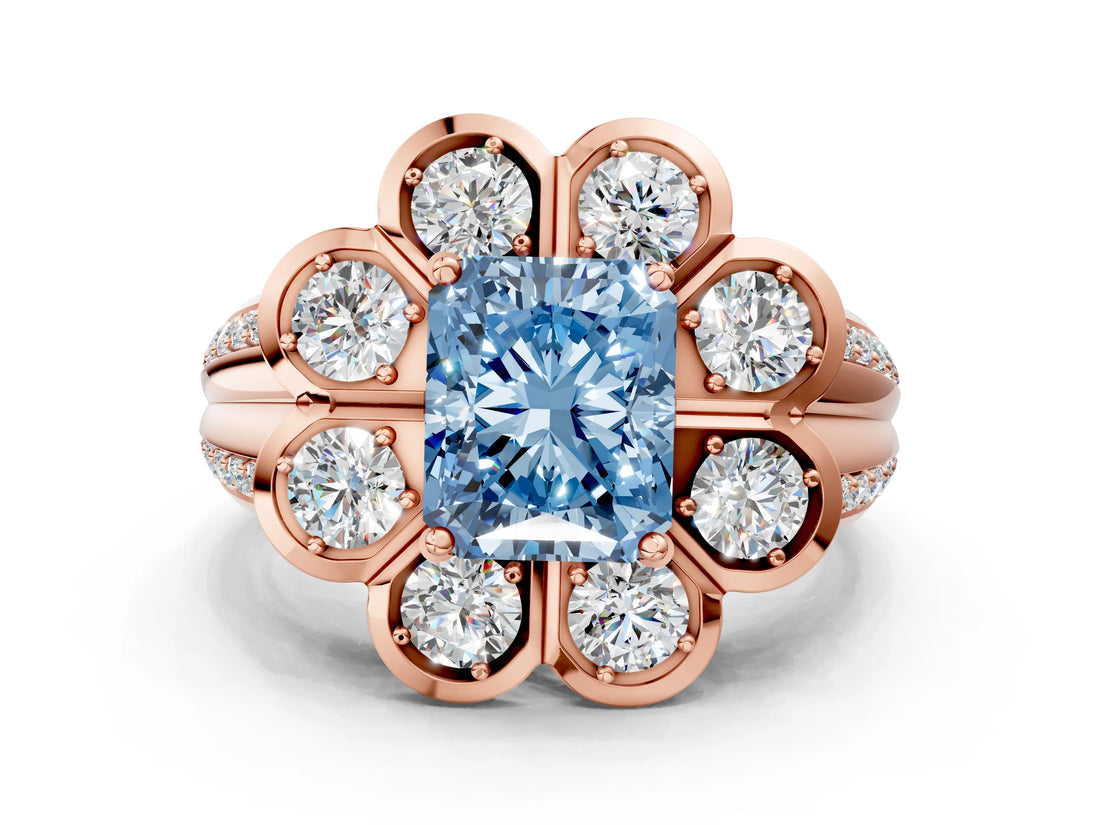 Rose gold Fancy Blue Radiant  Brilliant Flower Halo Diamond Split Shank Ring_129
