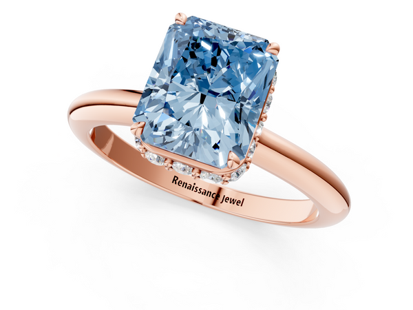 Rose gold Fancy Blue Radiant  Brilliant Solitaire Engagement Ring with Six-Prong Setting and Classic Band