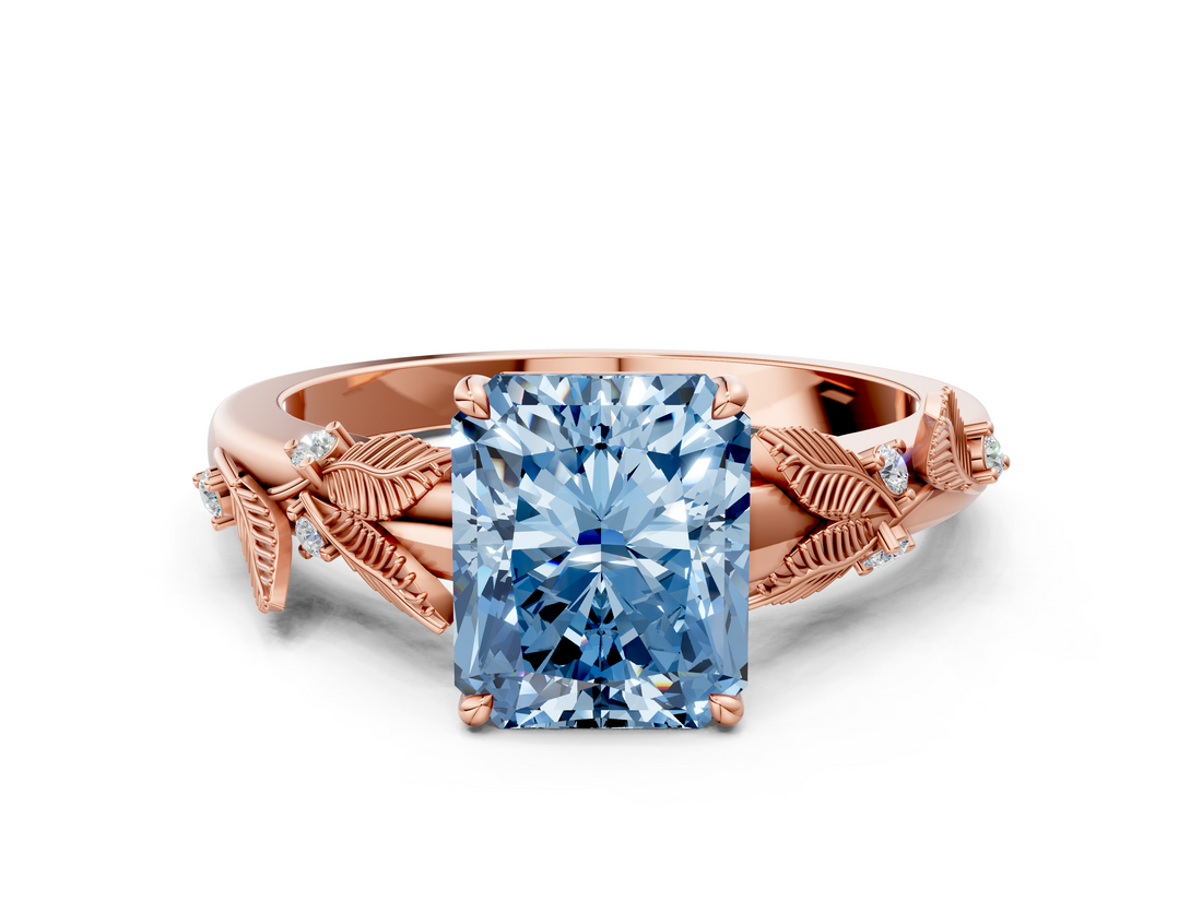 Rose gold Fancy Blue Radiant  Brilliant Solitaire with Leaf Motif Band and Four-Prong Setting_67