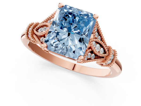 Rose gold Fancy Blue Radiant  Diamond Solitaire Ring with Floral Filigree and Pave Accents
