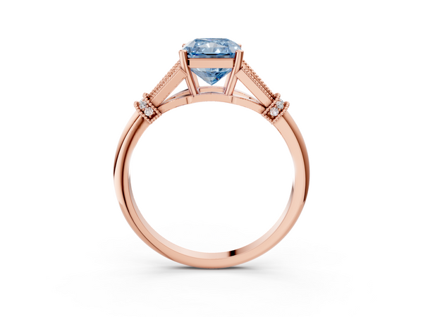 Rose gold Fancy Blue Radiant  Diamond Solitaire Ring with Floral Filigree and Pave Accents