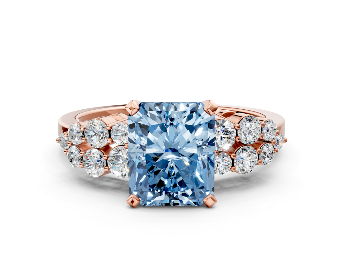 Rose gold Fancy Blue Radiant  Cluster Diamond Engagement Ring with Pavé Band and Four-Prong Setting_32