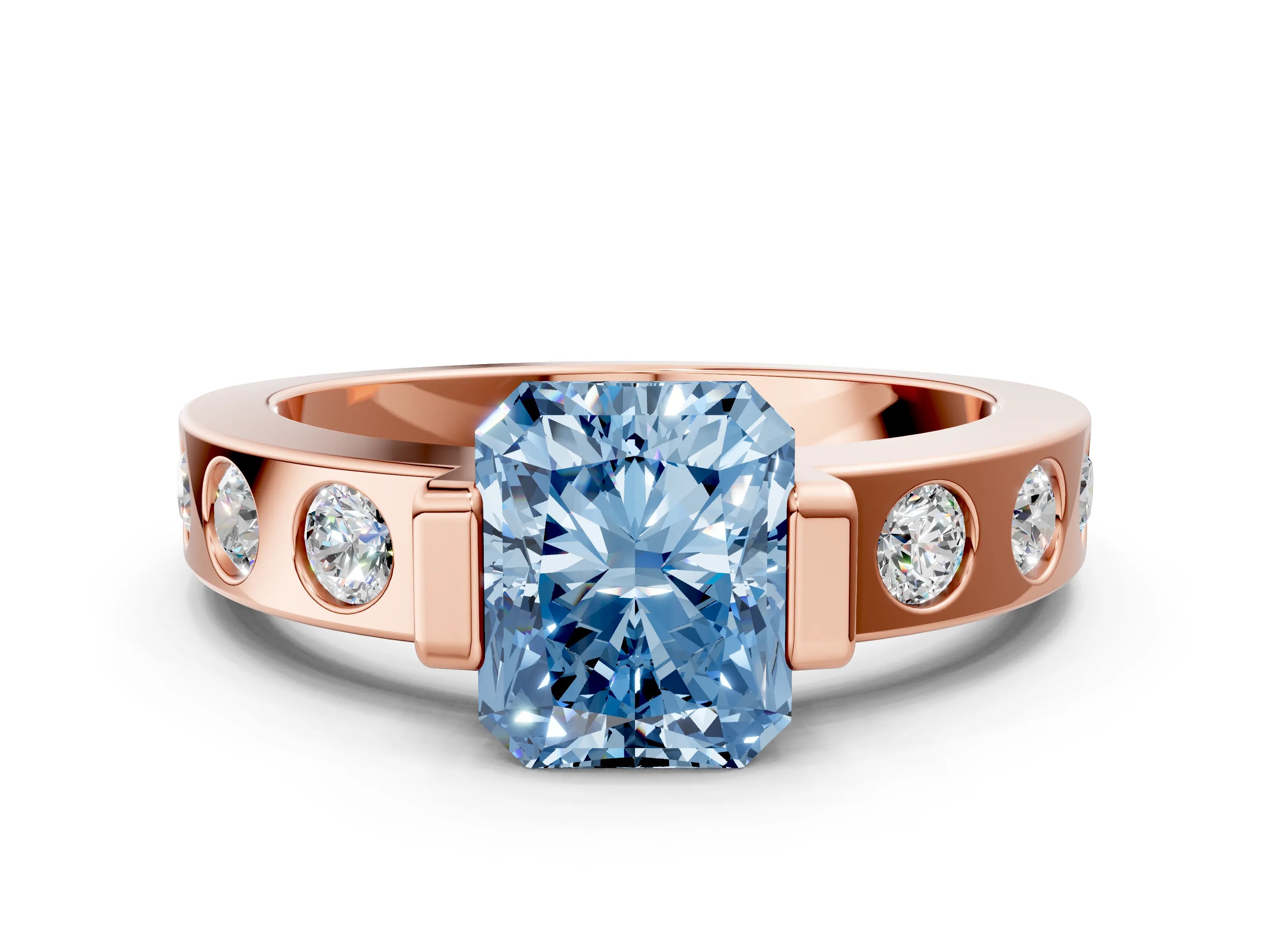 Rose gold Fancy Blue Radiant Cut Brilliant Channel-Set Diamond Ring with Bezel Prong Setting