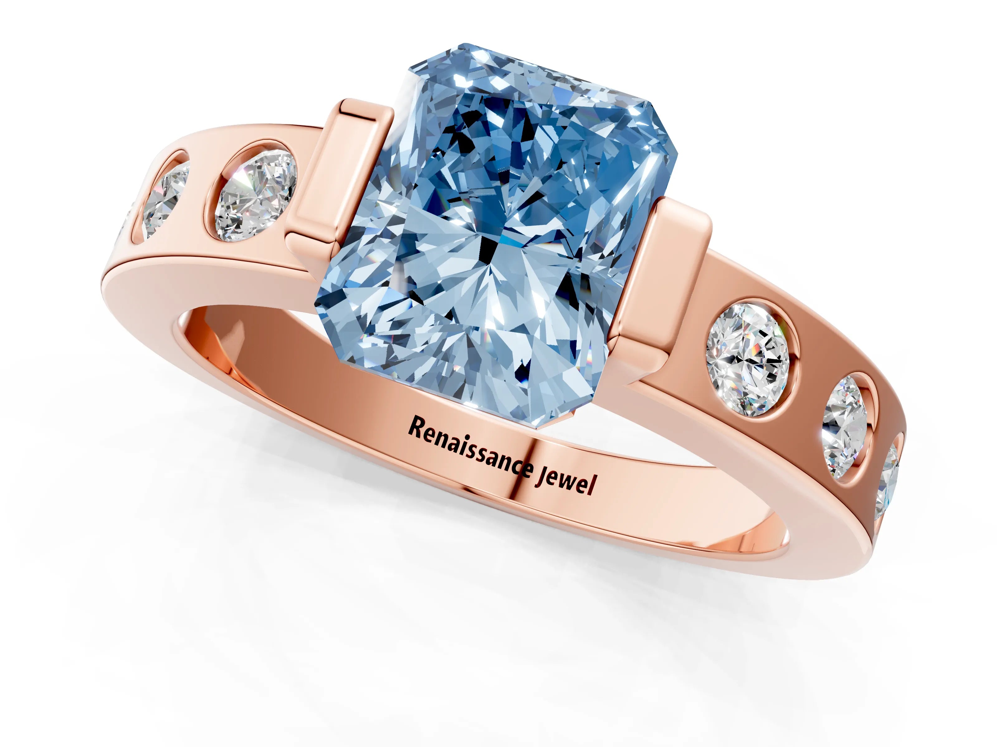Rose gold Fancy Blue Radiant Cut Brilliant Channel-Set Diamond Ring with Bezel Prong Setting_1