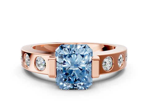 Rose gold Fancy Blue Radiant Cut Brilliant Channel-Set Diamond Ring with Bezel Prong Setting